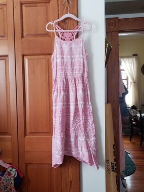 Girls Childrens Place Pink White Printed Boho Sundress w Crocheted Back 7/8